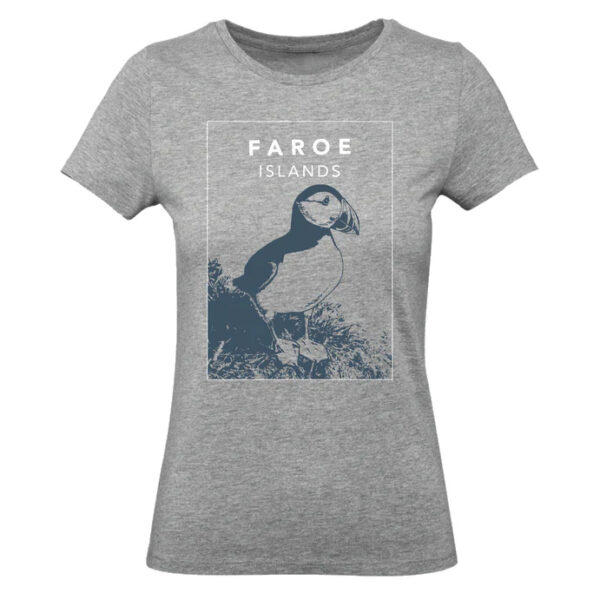 Faroe Islands Tshirt Puffin Melerað Grá við Myrkum / hvítum prent