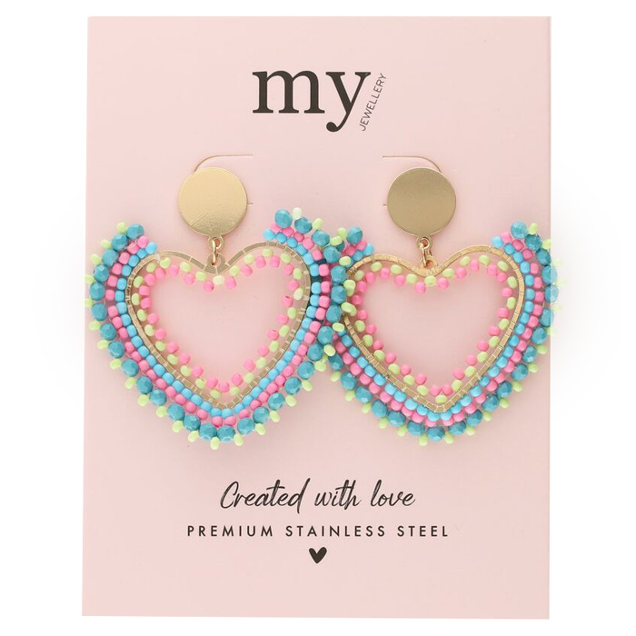 Multicolor Beaded Heart Oyraringar Gylt