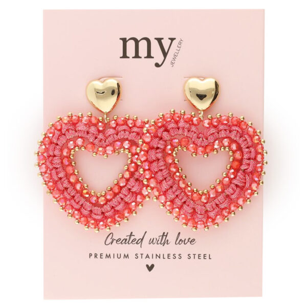 Pink Beaded Heart Oyraringar Gylt Stál